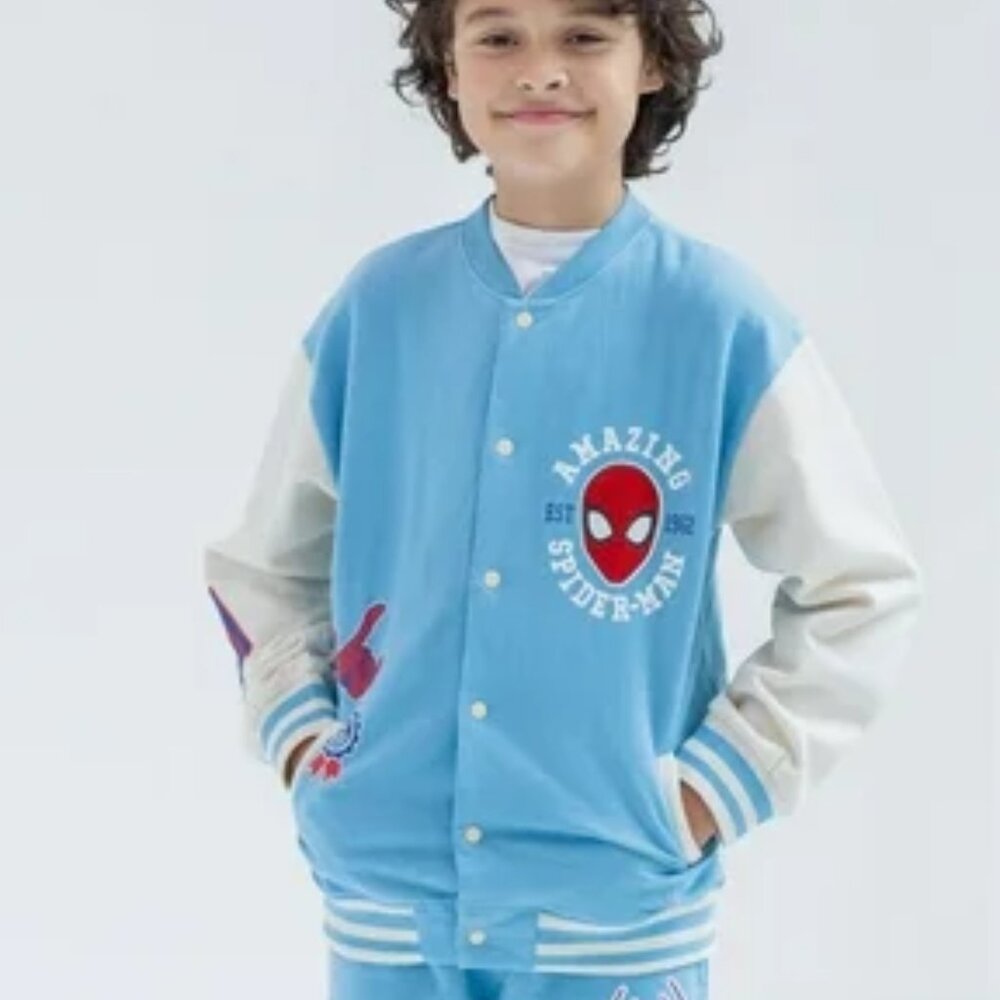 Marvel Spiderman Varsity Bomber Jacket Boys Sz 6 Graphic Print Blue White